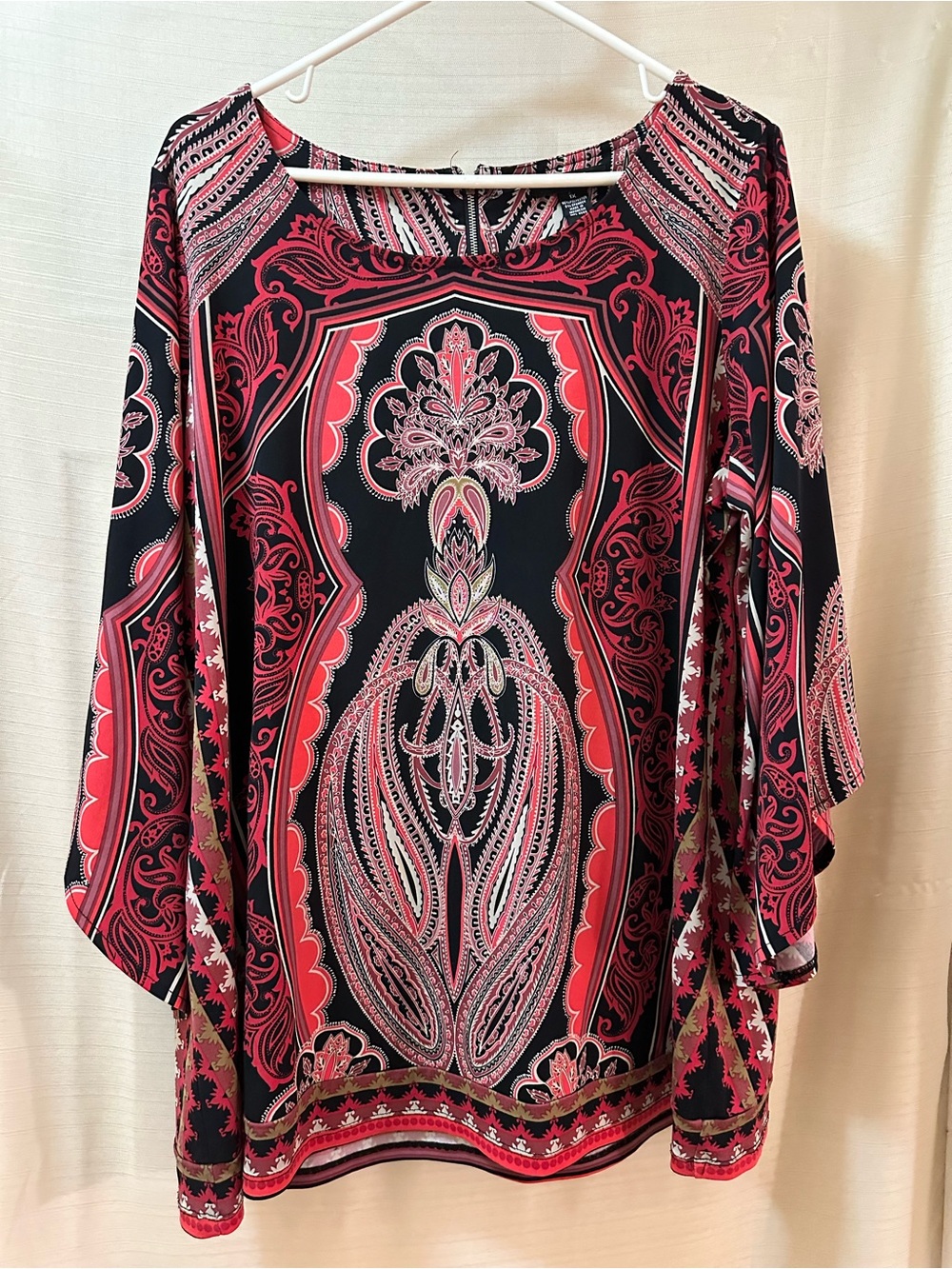 Alfani 1X Paisley Bell Sleeve Shift Dress Pink Black Zip Back Plus Size